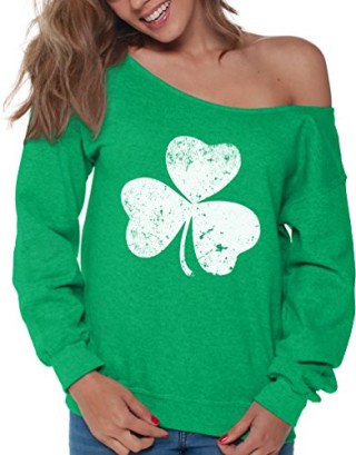 Vizor Clover Leaf Off Shoulder Sweatshirt Shamrock Sweater