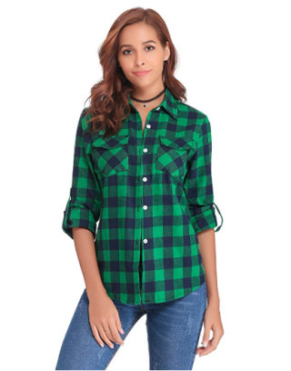 Abollria Women's Green Button Down Plaid Flannel Shirt