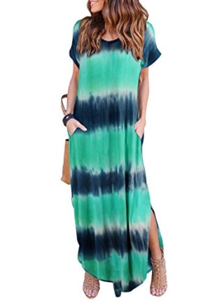 HUSKARY Women's Summer Maxi Dress Casual Loose Pockets Long Dress Short Sleeve Split -Tie Dye