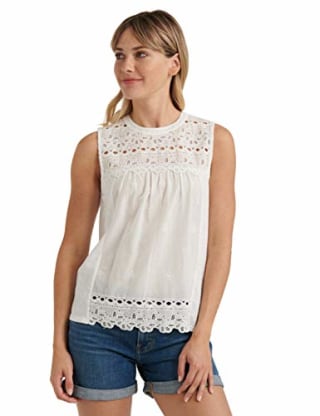 Lucky Brand Women's Sleeveless Crew Neck Embroidered Shiffly Top