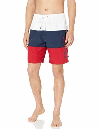 Nautica Men's Quick Dry Classic Logo Tri-Block Series Swim Trunk, Red, Medium