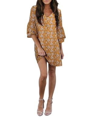 Belongsci Balloon Sleeve V-Neck Dress