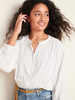 Textured Clip-Dot Smocked-Yoke Top for Women