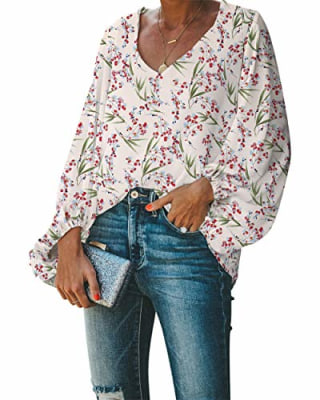 BELONGSCI Women's Casual Sweet & Cute Loose Shirt Balloon Sleeve V-Neck Blouse Top (Apricot Bamboo Leaf, S)