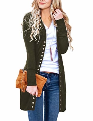 MEROKEETY Women's Long Sleeve Snap Button Down Solid Color Knit Ribbed Neckline Cardigans Army Green
