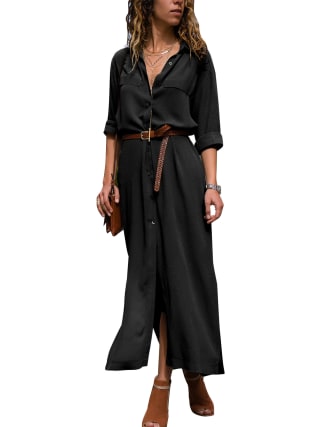 Lapel V-Neck Button Shirt Dress