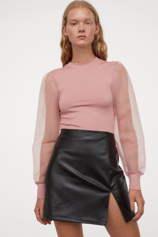 H&M Organza-sleeved Ribbed Top