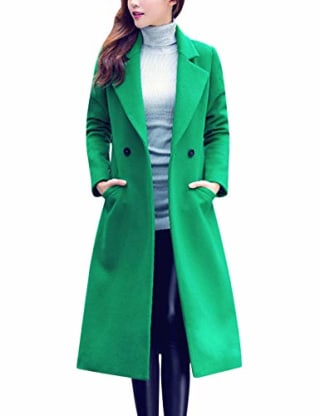 Tanming Women's Notch Lapel Double Breasted Wool Blend Mid Long Pea Trench Coat (Green, Large)