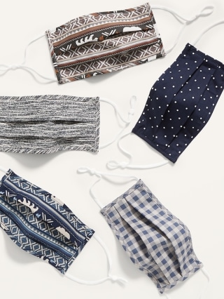 Variety 5-Pack of Triple-Layer Cloth Pleated Face Masks for Adults (with Ear Adjusters)