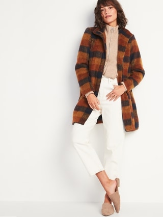 Oversized Soft-Brushed Plaid Funnel-Neck Coat for Women