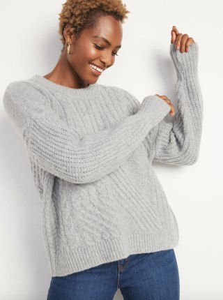 Cozy Cable-Knit Blouson-Sleeve Sweater