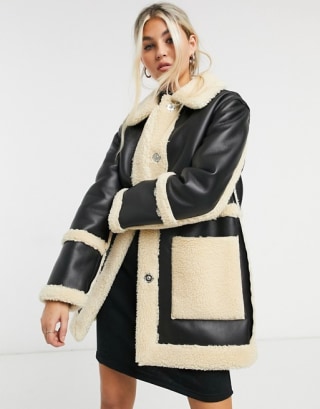 Topshop reversible sherpa shirt jacket in black and cream
