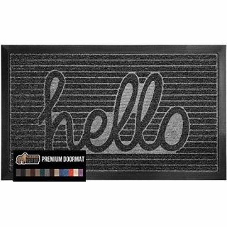 Gorilla Grip Original Durable Natural Rubber Door Mat, 29x17, Heavy Duty Doormat, Indoor Outdoor, Waterproof, Easy Clean, Low-Profile Mats for Entry, Garage, Patio, High Traffic Areas, Charcoal Hello