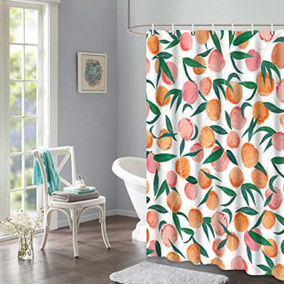 Lifeel Peach Shower Curtains, Allover Fruits Shower Curtain Cute Bright Colorful Design Waterproof Fabric Bathroom Shower Curtain Set with 12 Hooks, Peachy Pink 72"x72"