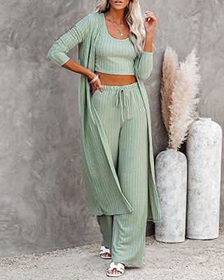 Womens Lounge Set Cute Tank Top Wide Pants and Kimono Coat Knit Jumpsuit Casual 3 Piece Outfit Light Green