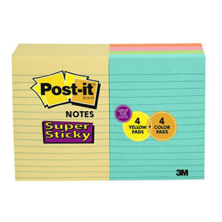 Post-it Super Sticky Notes, 4" x 6", Assorted Colors, 8 pads, 720 Total Sheets