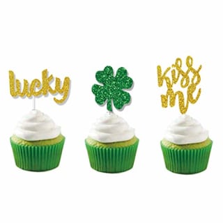 St.Patricks Cupcake Toppers Shamrock Four Leaf Lucky Kiss Me Cupcake Decoration Saint Paddy's Day Party Supplies 24PCS