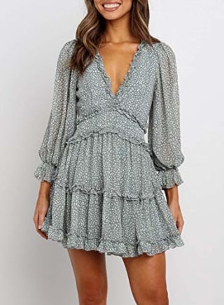 Dokotoo Womens Square Neckline Long Sleeve Floral Print Mini Dress