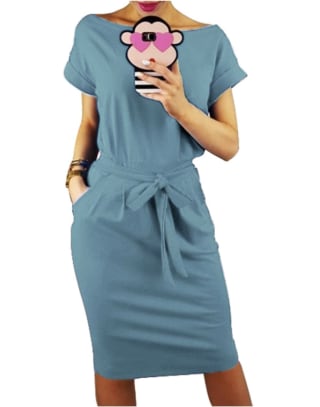 PrettyGarden Ladies Basic Crewneck Belted Office Dress with Pockets