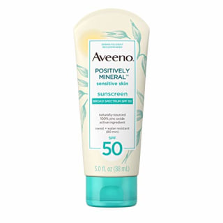 Aveeno Positively Mineral Sensitive Skin Daily Sunscreen Lotion with SPF 50 & 100% Zinc Oxide, Non-Greasy, Sweat- & Water-Resistant Sheer Sunscreen for Face & Body, Travel-Size, 3 fl. oz
