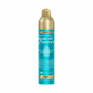 OGX Revitalize + Argan Shine Extra Strength Multi-Benefit Heat Protection Hairspray with Argan Oil & Silk Proteins, Tame Frizz & Non-Greasy Shine, Morocco, 8 Ounce