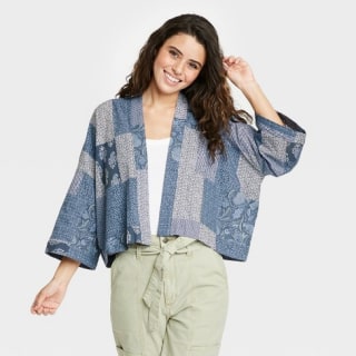 Women's Patchwork Cropped Kimono Jacket - Universal Thread(TM) Navy