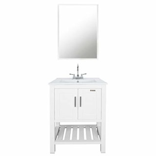 eclife 24" Bathroom Vanity Sink Combo W/Overflow White Drop in 3 Hole Ceramic Vessel Sink Top &amp; White MDF Modern Bathroom Cabinet &amp; Chrome Solid Brass Faucet and Pop Up Drain W/Mirror DC04T01B07W