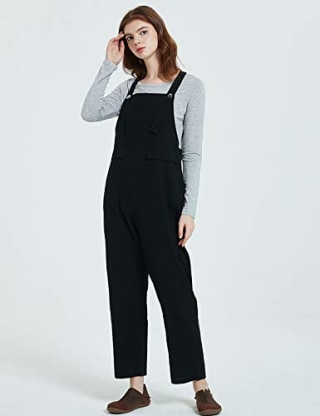 Gihuo Women's Baggy Cotton Overalls Jumpsuit with Pockets (Black, Medium)