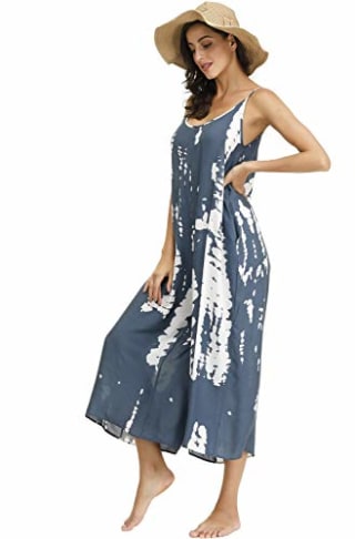 BUENOS NINOS Women's V Neck Floral Maxi Dress Boho Printed Adjustable Spaghetti Strap Ethnic Beach Long Dress with Pockets (S, Tie dye Jumpsuit)
