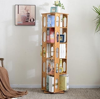 Clevr 5 Tier 57.5" Natural Bamboo Bookshelf Revolving Bookcase,100% Natural Bamboo, 360 Rotating Organizer Cabinet Rack, Holds Up to 200 DVD's or Books, Spinning Design, Removable Adjustable Divider