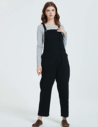 Gihuo Women's Baggy Cotton Overalls Jumpsuit with Pockets (Black, X-Large)