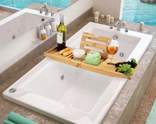 Mind Reader Premium Extendable Shelf for Wine, Tablet, Smartphone, Books, and Snacks, Multi Compartment Bath Caddy Tray, Bamboo, Brown