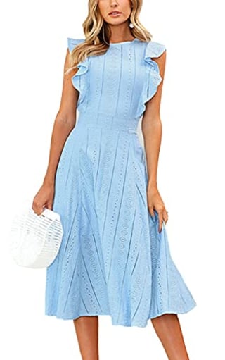 ECOWISH Womens Dresses Elegant Ruffles Cap Sleeves Summer A-Line Midi Dress Blue L
