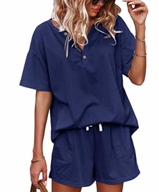 BZB Womens 2 Piece Short Sleeve Sweatsuit Sets V-neck Pullover and Shorts Solid Color Outfits Tracksuits (1-Blue,XL)