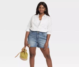 Plus-Size Destructed Midi Jean Shorts