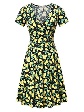 MSBASIC Women's Deep V-Neck Cross Wrap Casual Flared Midi Dress