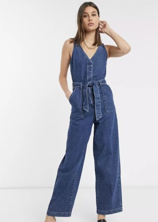 ASOS Design Tall Denim V-Neck Jumpsuit in Blue