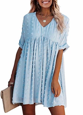 KIRUNDO 2021 Summer Women's Mini Dress Short Sleeves Sexy V Neck Flowy Dress Swiss Dot Faux Short Loose Fit Pregnant Dress (Medium, Blue)