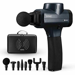 Sonic Handheld Percussion Massage Gun - Deep Tissue Massager for Sore Muscle and Stiffness - Quiet, 5 Speed High-Intensity Vibration - Quick Rechargeable Device - Includes 8 Massage Heads (Black)