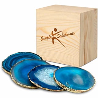 Brazilian Blue Agate Coasters | Natural Geode Stone Coasters | 4-Pack Drink Coasters | Agate Slices in Wooden Gift Box |Random Size 3.5 ~ 4" with Gold Rim and Protective Bumpers | by Simply Salubrious