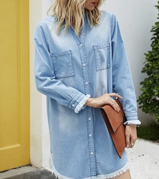 Denim Long-Sleeve Distressed Jean Dress