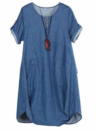 FTCayanz Women's Casual Tunic Dress Short Sleeve Plus Size Midi Dresses with Pockets Denim Blue Medium