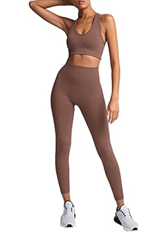 HAODIAN Women's Yoga Outfits 2 Piece High Waisted Leggings with Sports Bra Gym Clothes Sets(Brick Red,M)