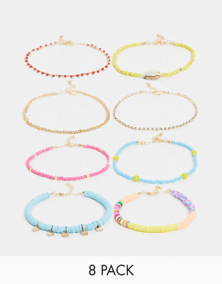 ASOS DESIGN 8-pack anklets in mixed beaded designs
