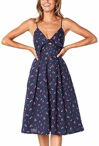 ECOWISH Womens Dresses Summer Tie Front V-Neck Spaghetti Strap Button Down A-Line Backless Swing Midi Dress Blue M