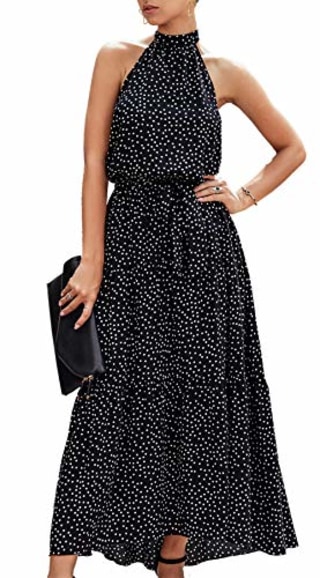 PRETTYGARDEN Women's Casual Halter Neck Sleeveless Floral Long Maxi Dress Backless Loose Ruffle Sundress with Belt