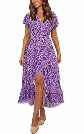 ZESICA Women's Summer Bohemian Floral Printed Wrap V Neck Beach Party Flowy Ruffle Midi Dress,Lightpurple,Large
