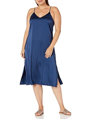 The Drop Women's Ana Silky V-Neck Midi Slip Dress, Navy, XXS