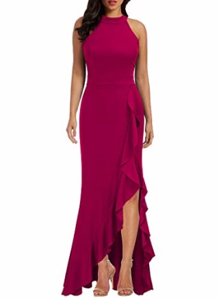 WOOSEA Women's High Neck Split Bodycon Mermaid Evening Cocktail Long Dress Magenta