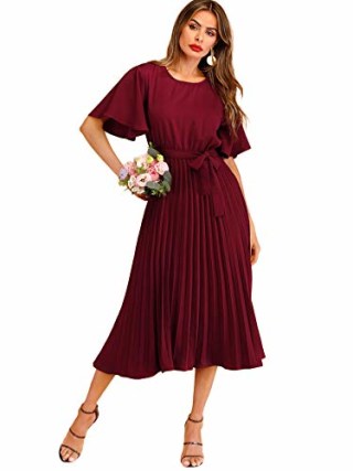 Milumia Women's Elegant Belted Pleated Flounce Sleeve Long Dress Burgundy Small